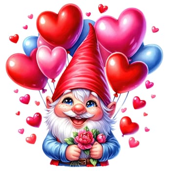 Valentines gnome, love Nordic gnome, Scandinavian gnomes, Watercolor cute valentines day postcard. Vellichor.