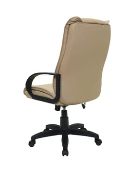 beige office armchair on wheels isolated on white background, back view. furniture in minimal style