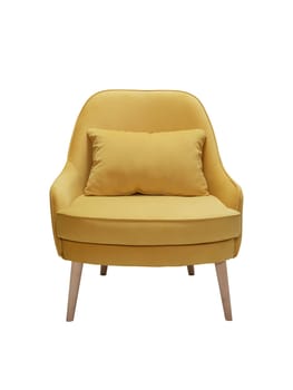 modern yellow fabric armchair with wooden legs isolated on white background, front view.