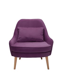 modern purple fabric armchair with wooden legs isolated on white background, front view.