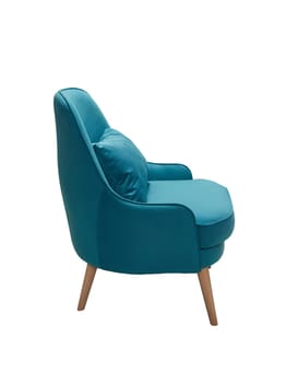 modern blue fabric armchair with wooden legs isolated on white background, side view.