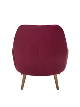 modern crimson fabric armchair with wooden legs isolated on white background, back view.