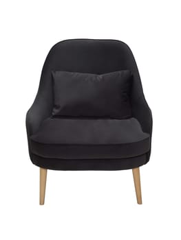 modern black fabric armchair with wooden legs isolated on white background, front view.