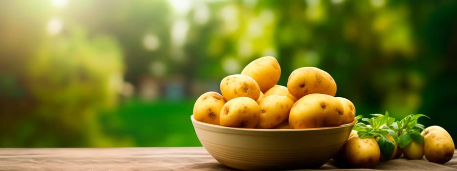 Potatoes in a bowl against the backdrop of the garden. Selective focus. Food.