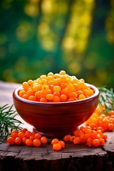 Sea buckthorn in a bowl against the backdrop of the garden. Selective focus. Food.
