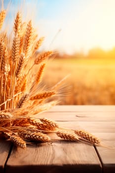 Spikelets of wheat against the background of a field on the table. Selective focus. Food.