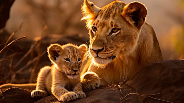 Lioness with a little lion cub. Selective focus. animal.