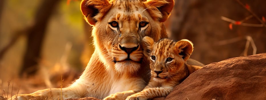 Lioness with a little lion cub. Selective focus. animal.