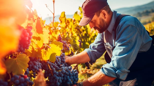 A man harvests grapes in the garden. Selective focus. Food.