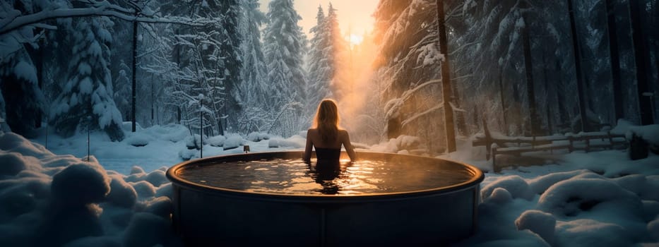A woman enjoys hot water in a hot hot tub, in the forest, in winter. Selective focus. Nature.