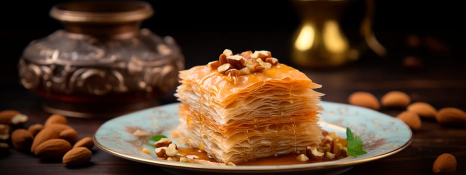 Baklava with nuts and honey on the table. Selective focus. Food.