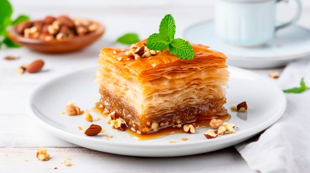 Baklava with nuts and honey on the table. Selective focus. Food.