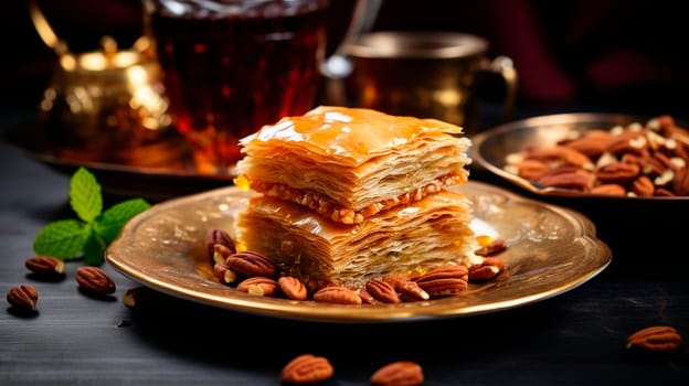 Baklava with nuts and honey on the table. Selective focus. Food.