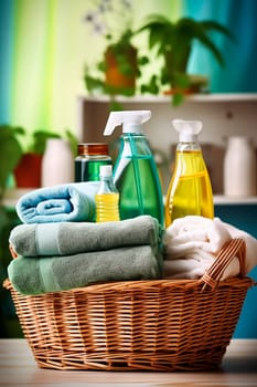 washing towels and detergents in the bathroom. Selective focus. White.