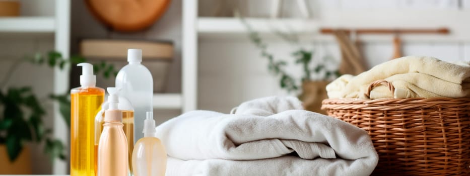 washing towels and detergents in the bathroom. Selective focus. White.