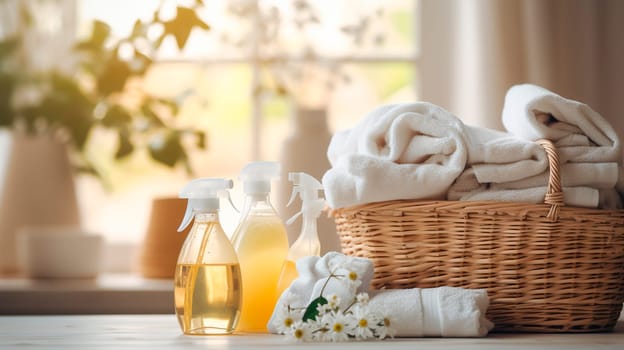 washing towels and detergents in the bathroom. Selective focus. White.