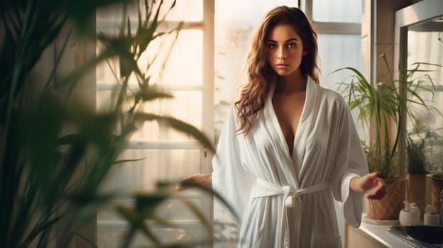 Beautiful woman in a bathrobe in the bathroom. Selective focus. Spa.