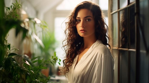 Beautiful woman in a bathrobe in the bathroom. Selective focus. Spa.