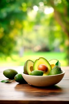 Avocado harvest in a bowl on a garden background. Selective focus. Food.