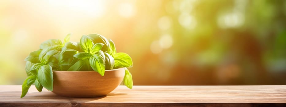 Basil harvest in a bowl on a garden background. Selective focus. Food.