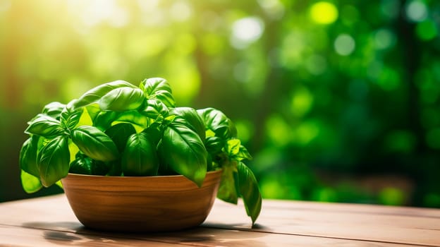 Basil harvest in a bowl on a garden background. Selective focus. Food.