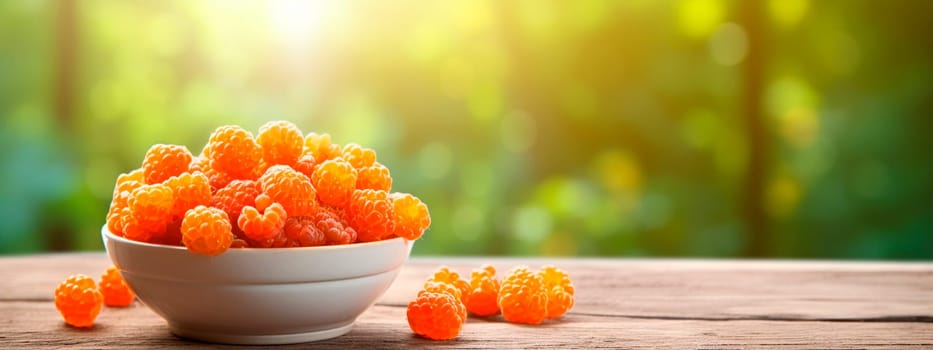 Cloudberry berries in a bowl against the backdrop of the garden. Selective focus. Food.