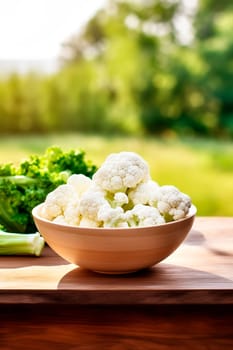 Cauliflower in a bowl against the backdrop of the garden. Selective focus. Nature.