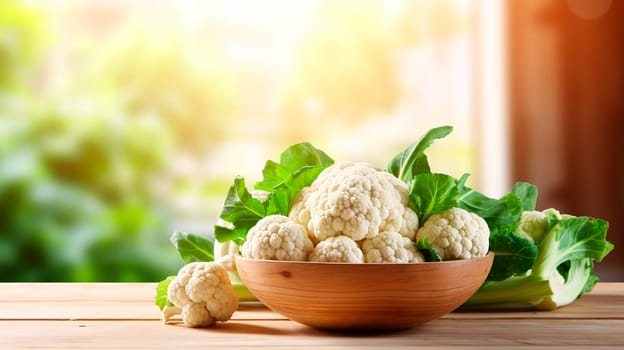 Cauliflower in a bowl against the backdrop of the garden. Selective focus. Nature.