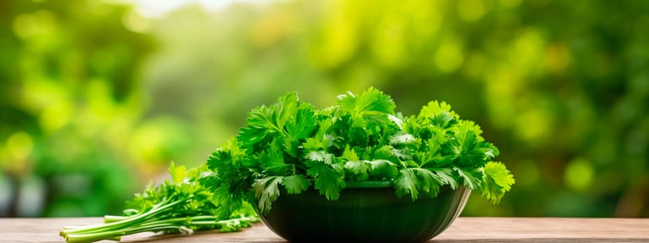 Cilantro in a bowl against the backdrop of the garden. Selective focus. Food.