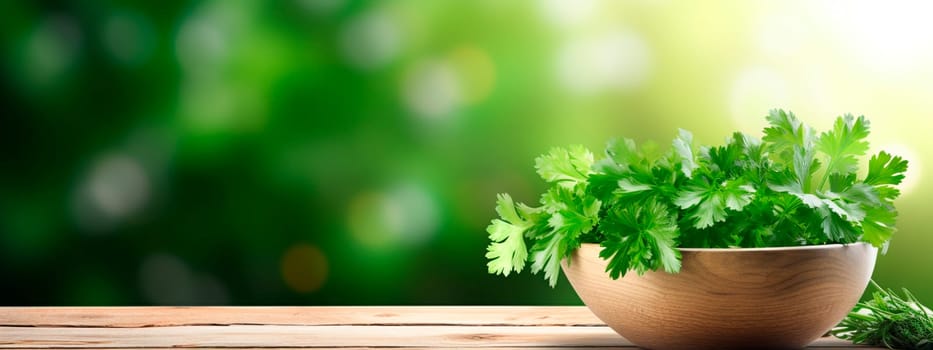 Cilantro in a bowl against the backdrop of the garden. Selective focus. Food.