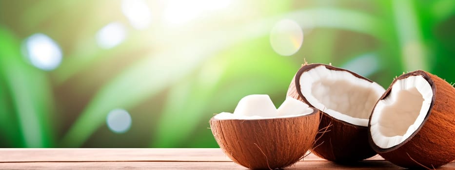 Coconuts against the backdrop of the garden. Selective focus. Food.