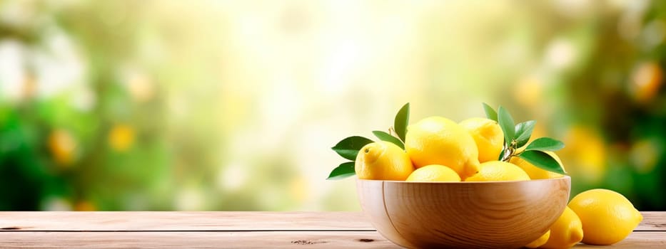 Lemons in a bowl against the backdrop of the garden. Selective focus. Food.