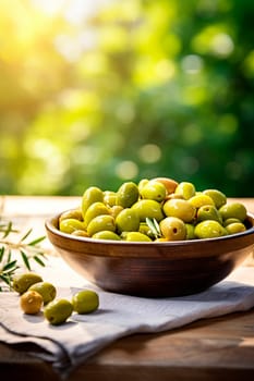 Olives in a bowl against the backdrop of the garden. Selective focus. Food.