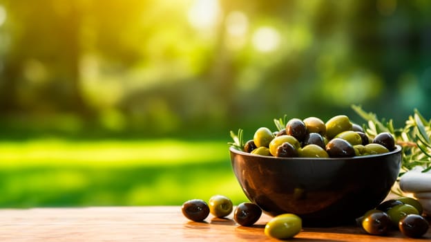 Olives in a bowl against the backdrop of the garden. Selective focus. Food.