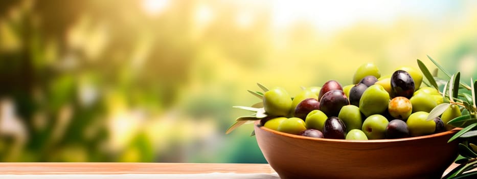 Olives in a bowl against the backdrop of the garden. Selective focus. Food.