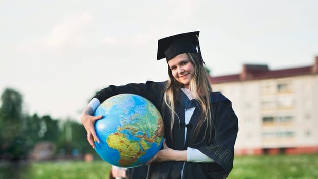 A graduate student poses with a globe in front of her friends