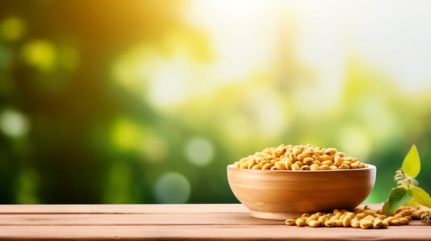 Soybeans in a bowl in the garden. Selective focus. Food.