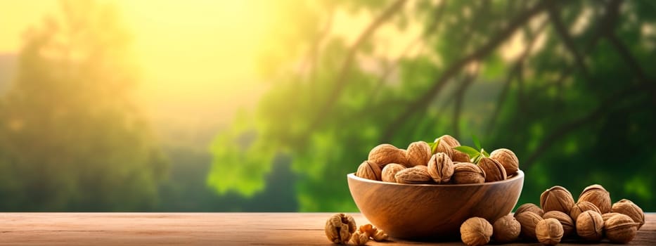 Walnut in a bowl in the garden. Selective focus. Food.