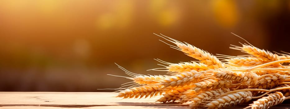 Spikelets of wheat on a table in a field. Selective focus. Food.