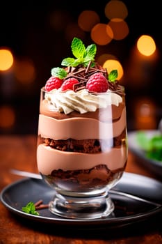 Chocolate mousse dessert on a plate in a glass. Selective focus. Food.