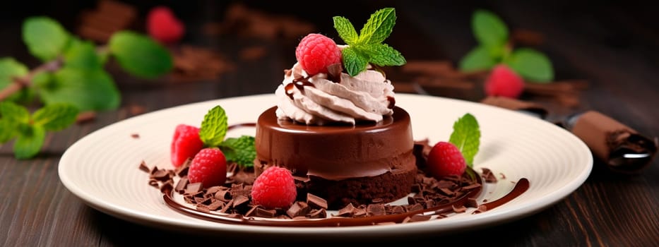 Chocolate mousse dessert on a plate in a glass. Selective focus. Food.