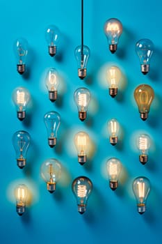 Many light bulbs on a blue background. Selective focus. Light.