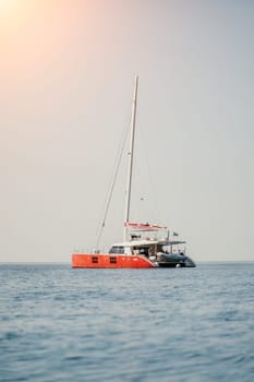 Aerial boat race. Luxury cruise trip. View from above of white boat on deep blue water. Aerial view of rich yacht sailing sea. Motor boat racing wave. Summer journey on luxury ship