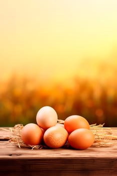 Homemade chicken eggs against the background of a field. Selective focus. Food.