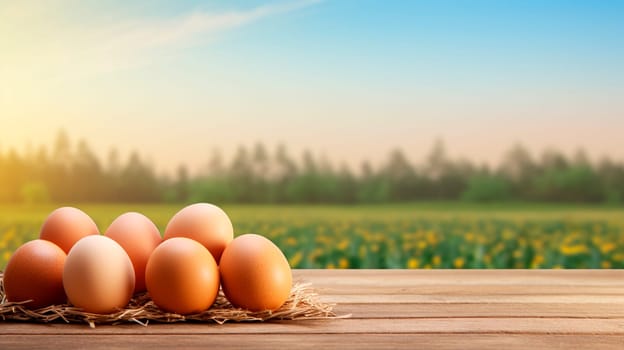 Homemade chicken eggs against the background of a field. Selective focus. Food.