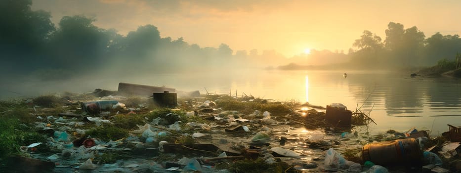 The river is clogged with garbage. Selective focus. Nature.