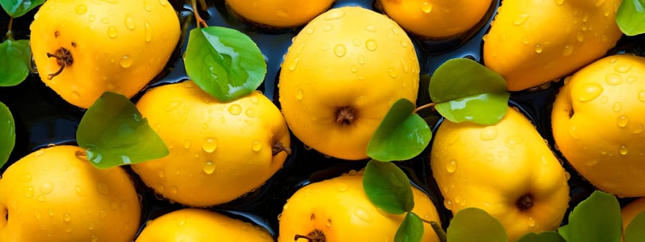 There are a lot of wet quince fruits. Selective focus. Food.