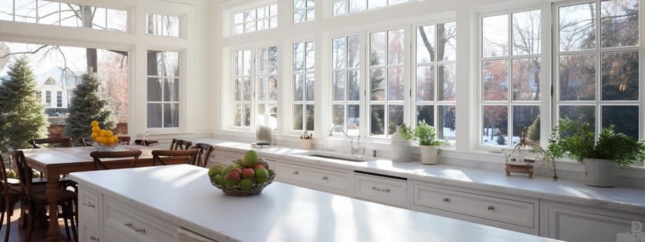 White kitchen with large windows. Selective focus. Nature.