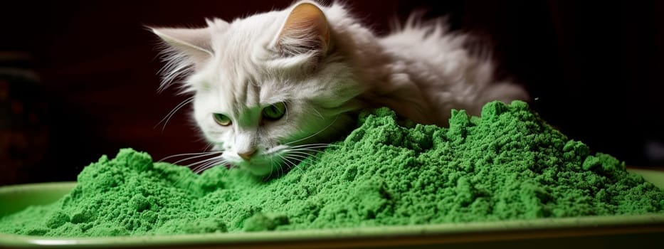 Green powder vitamins for cats. Selective focus. Food.