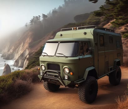 green matte 4x4 lifter vintage van conversion , nomadic lifestyle , offroad wheels, 3d render art ai generated